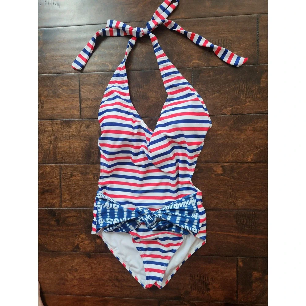 Stevie Hender America Striped Halter‎ One Piece Swimsuit Size: M